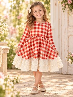 Orange Poppy Girls 4T Gingham Heart Dress Lace Ruffle Hem Boutique